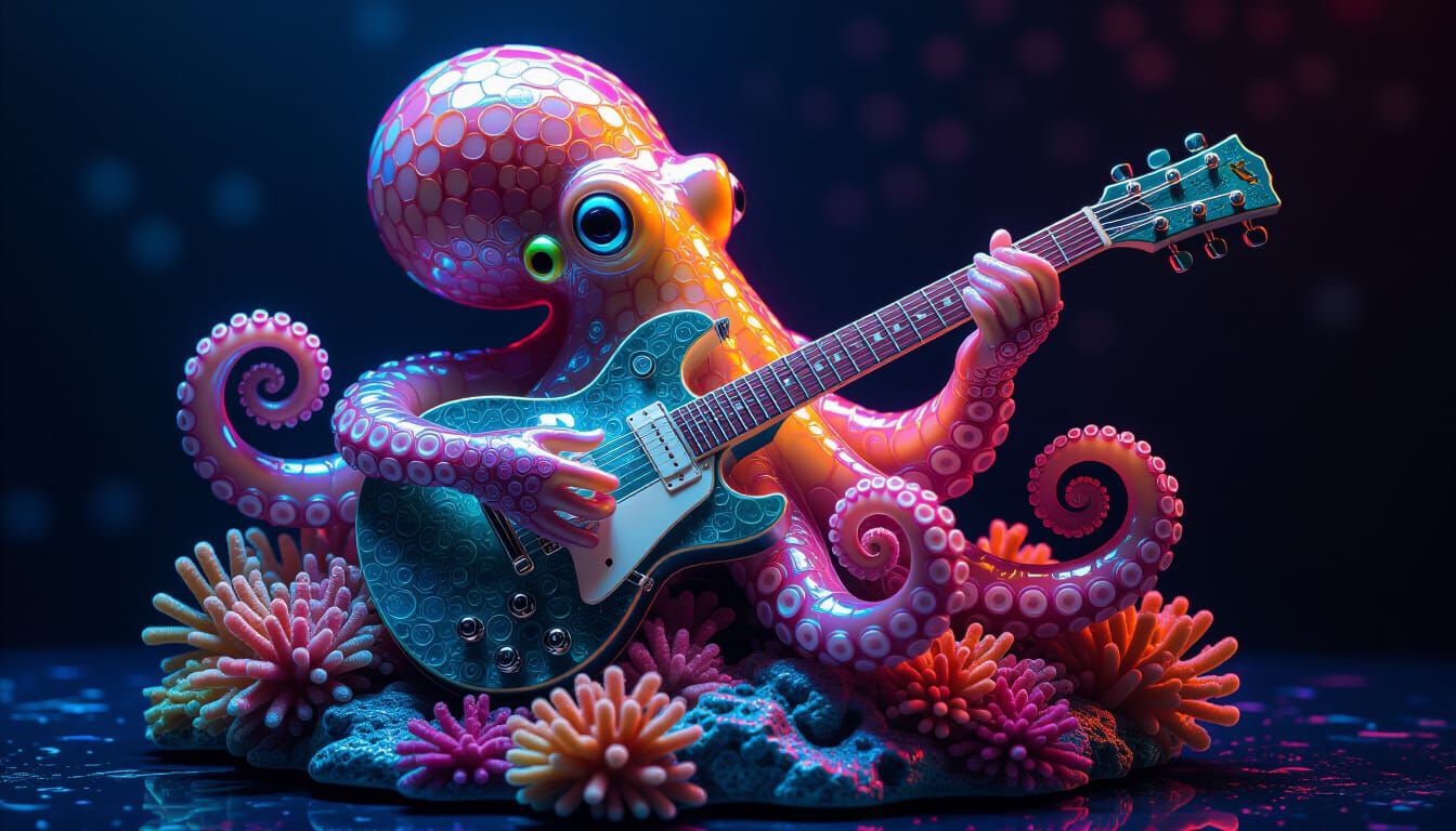 Octopus Sculpture of Sea Glass Playing Guitar