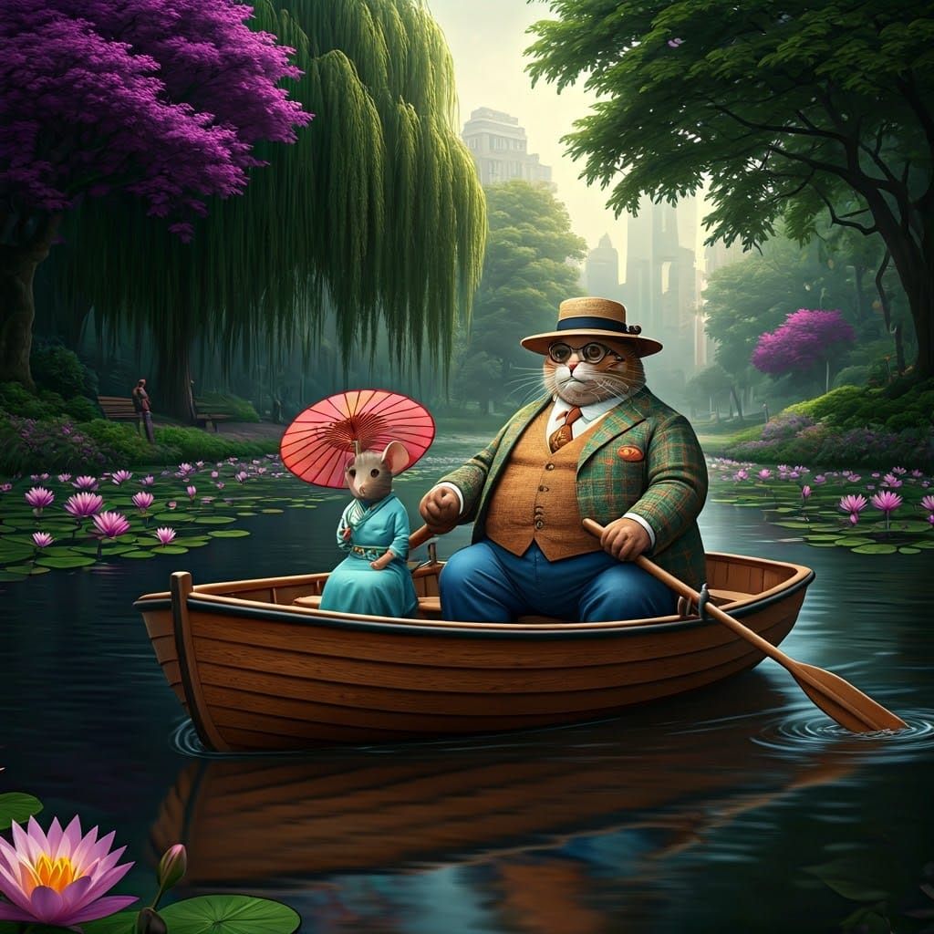 Cat and Mouse in Rowboat in Hyperrealistic Digital Art