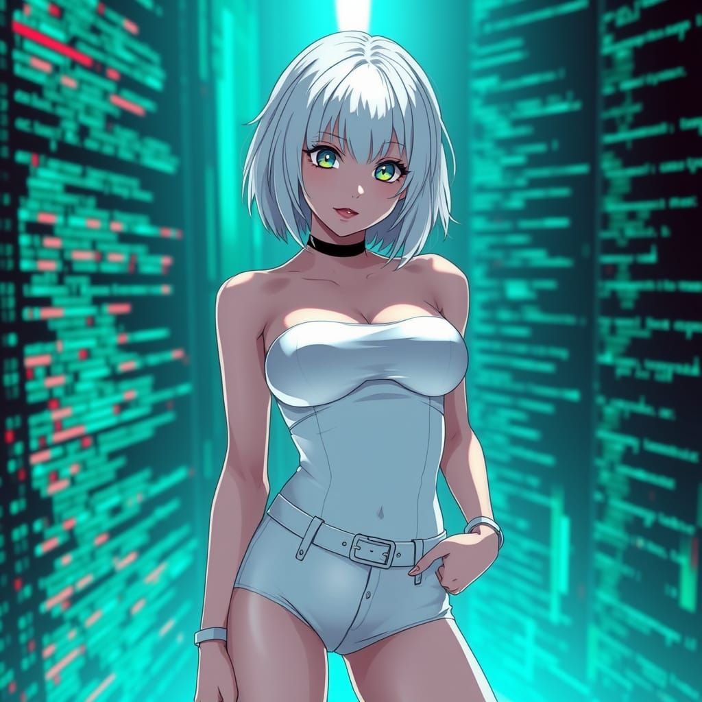 Anime Woman in Glitchy Cyberpunk Environment