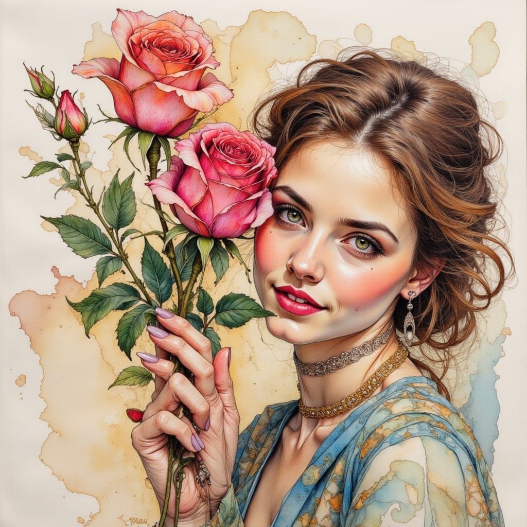 Belle with Rose: Detailed Pen and Ink Masterpiece