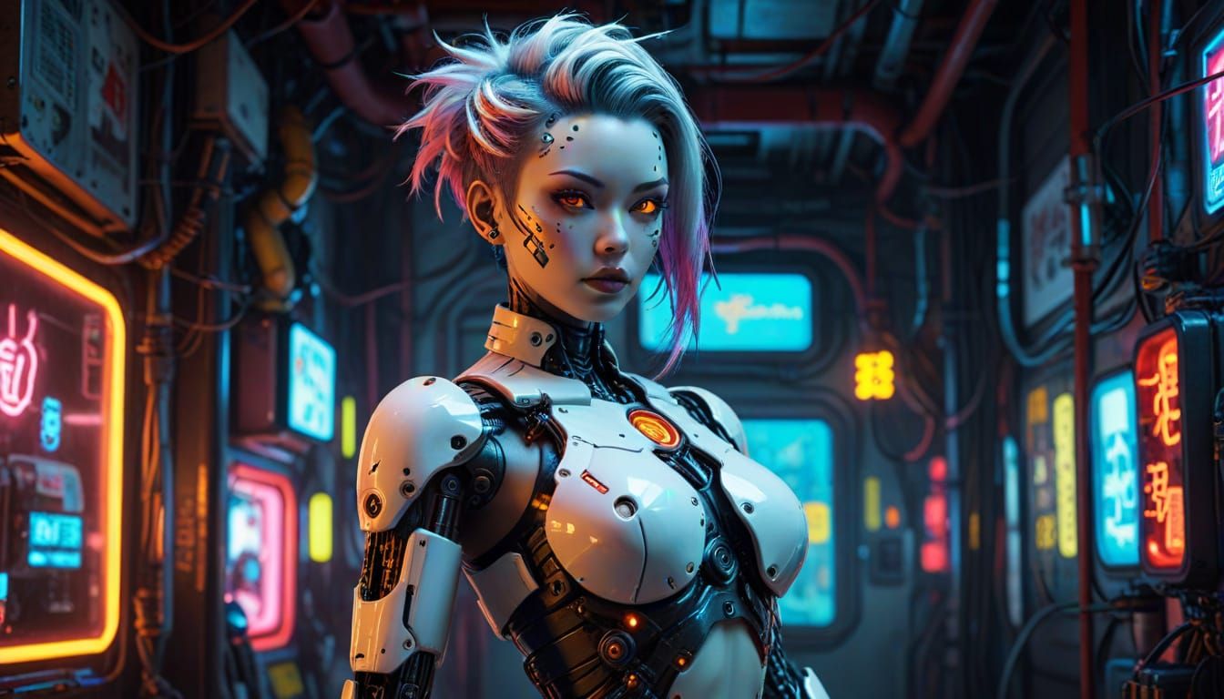 Cyberpunk Gynoid Pinup in Gothic Style