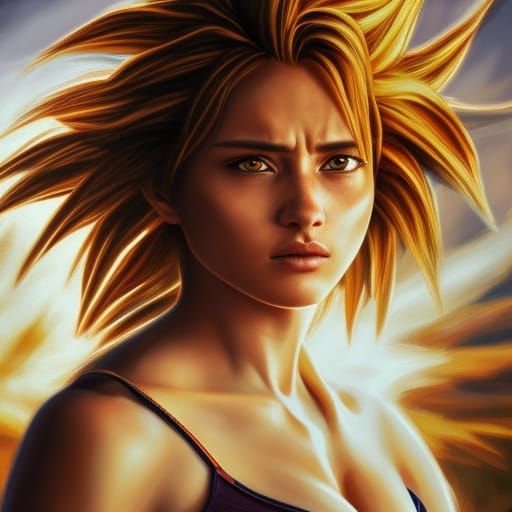 Super Saiyan Female in Combat: Hyperrealistic Action