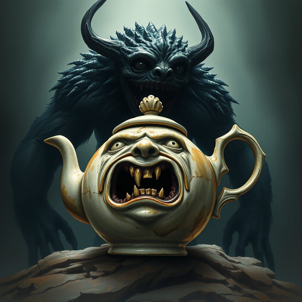 Surreal Teapot Monster Confrontation in Whimsical Storybook ...