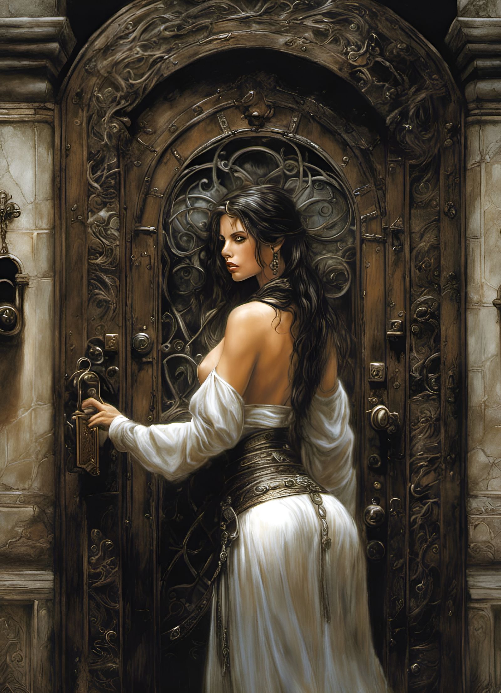 Female Thief Picks Lock in Dark Fantasy Style