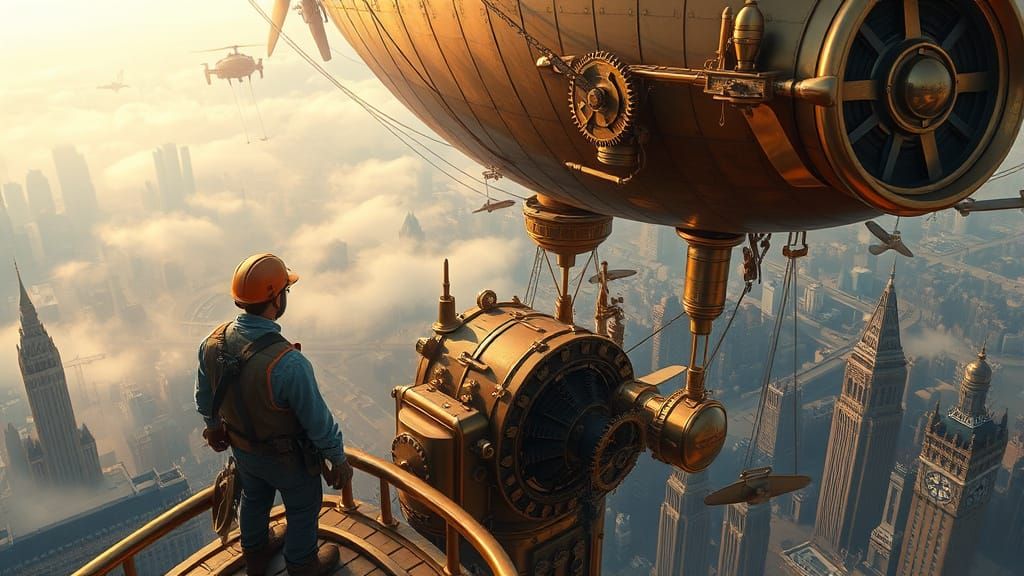 Steampunk Airship Over Metropolis, Digital Matte Painting