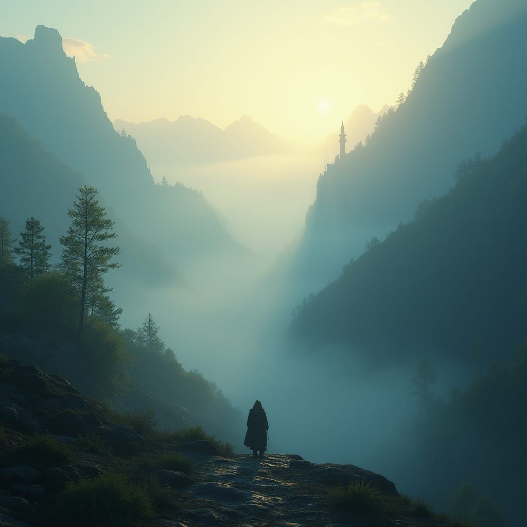 Misty Mountains at Dawn: A 3D Rendered Scene
