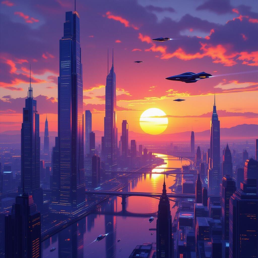 Futuristic City Sunset with Flying Cars