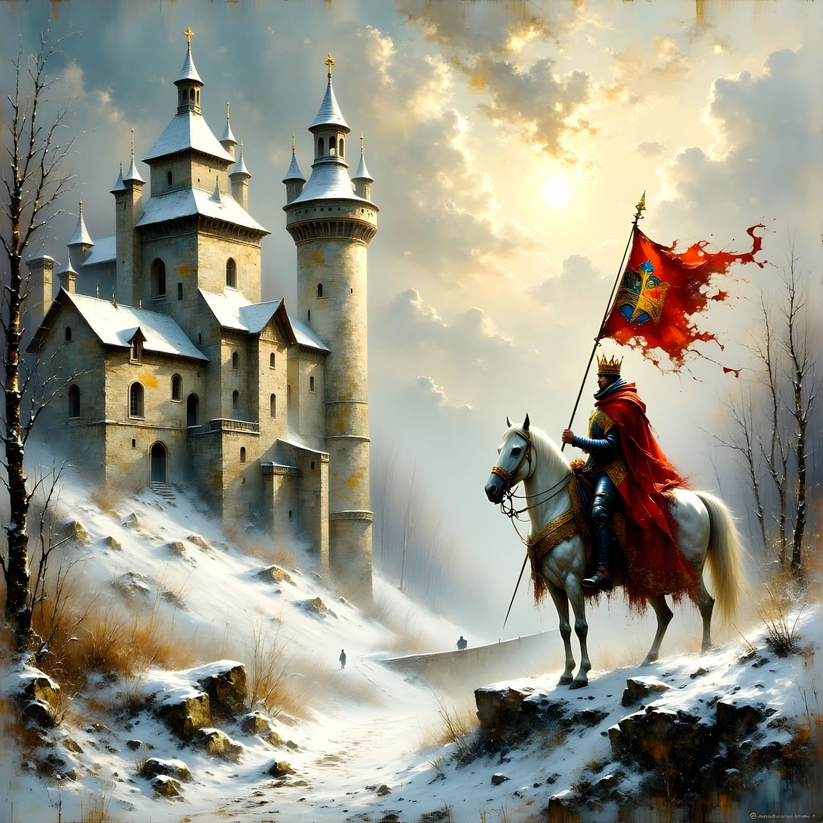 Medieval King in Frosty Regalia Rides White Horse Beside Kni...