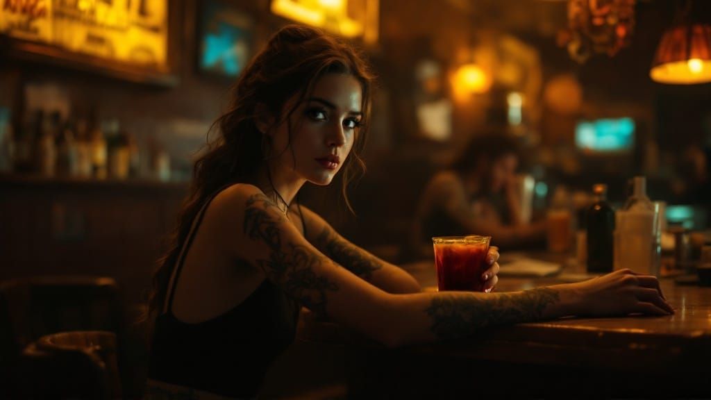 Contemplative Woman at Bar in Gregory Crewdson Style