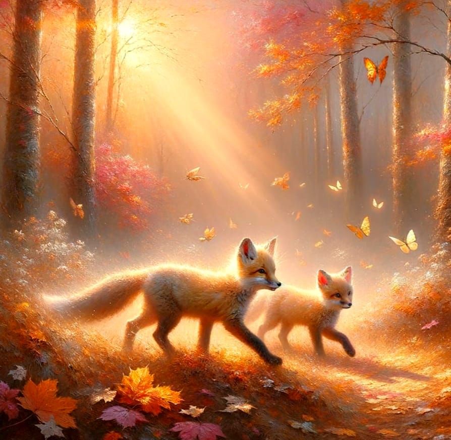 Fox Cubs in Autumn Forest Oil Painting