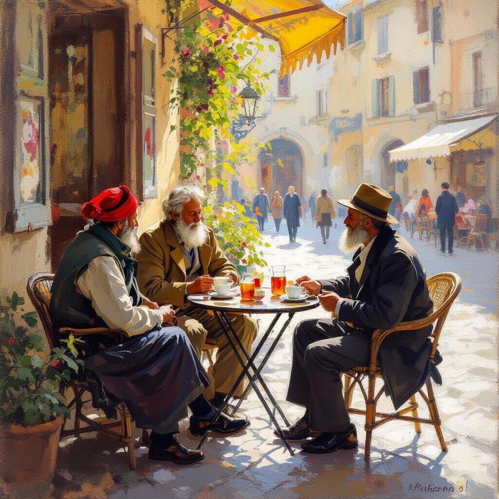 Diverse Trio Shares Tea in Sun-Dappled Piazza