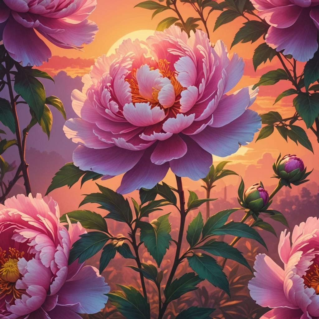 Glowing Sunset Peony in Synthwave Neon Style