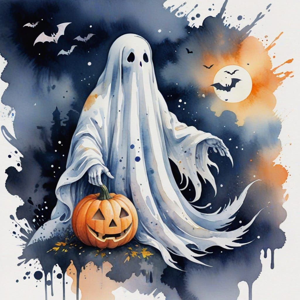 Enchanting Halloween Ghost in Watercolor Style