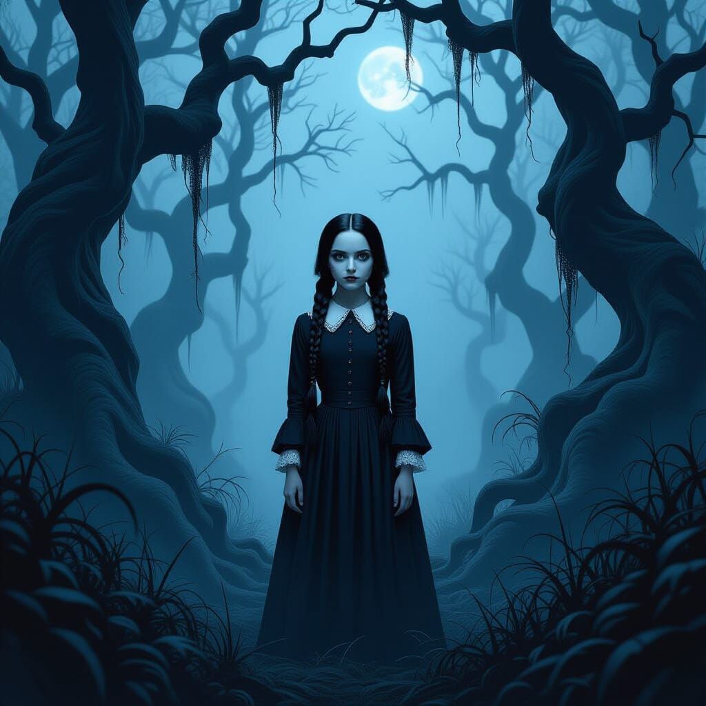 Wednesday Addams in a Dark Forest, Gothic Illustration Style