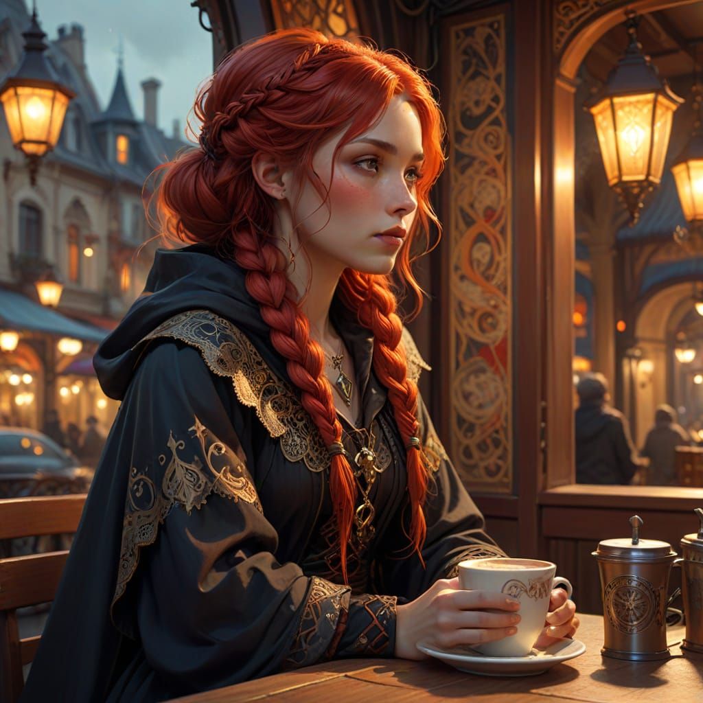 Enchanting Witch Sips Coffee in Whimsical Cafe