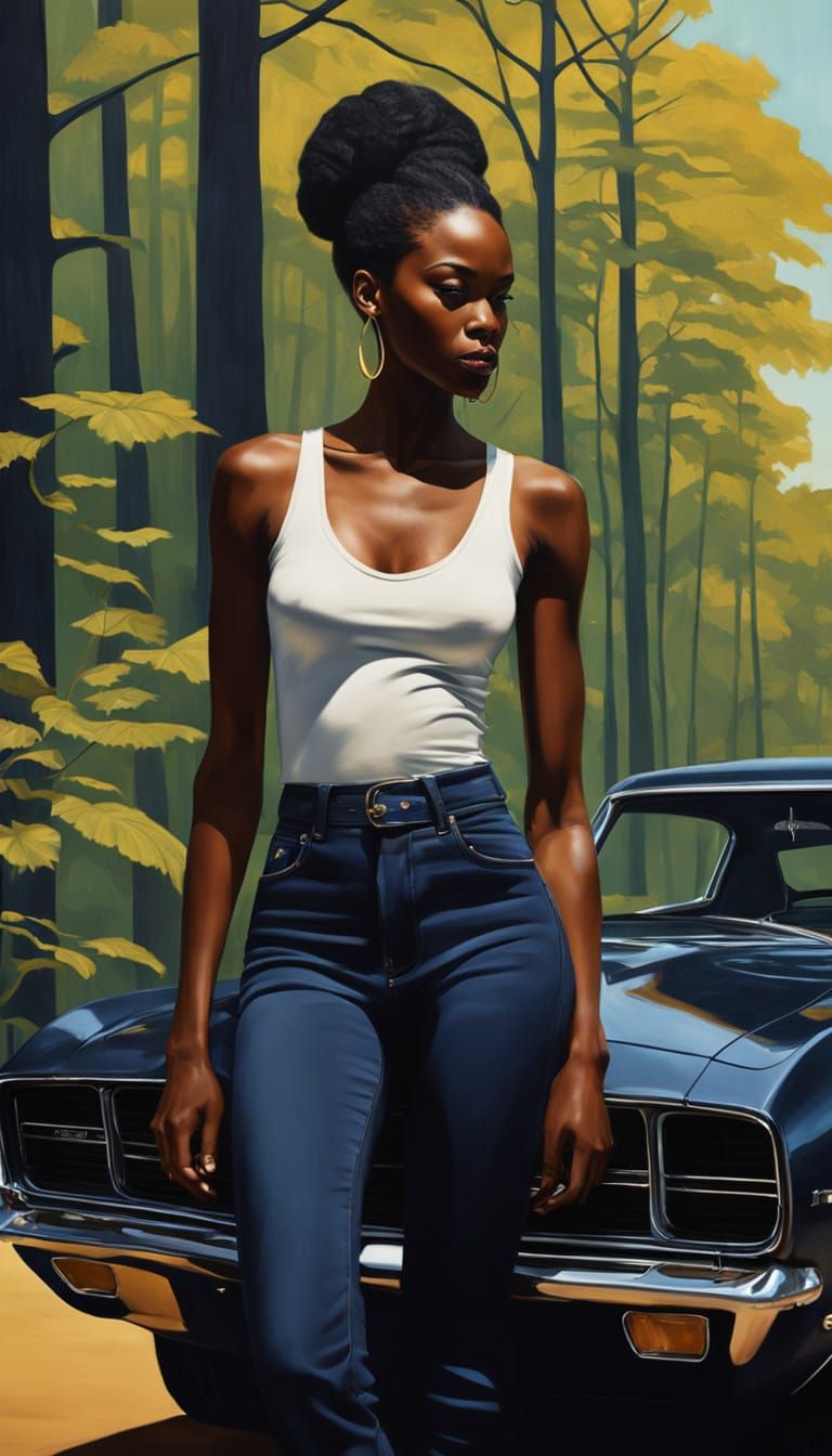 Confident Woman on Classic Car in Misty Forest