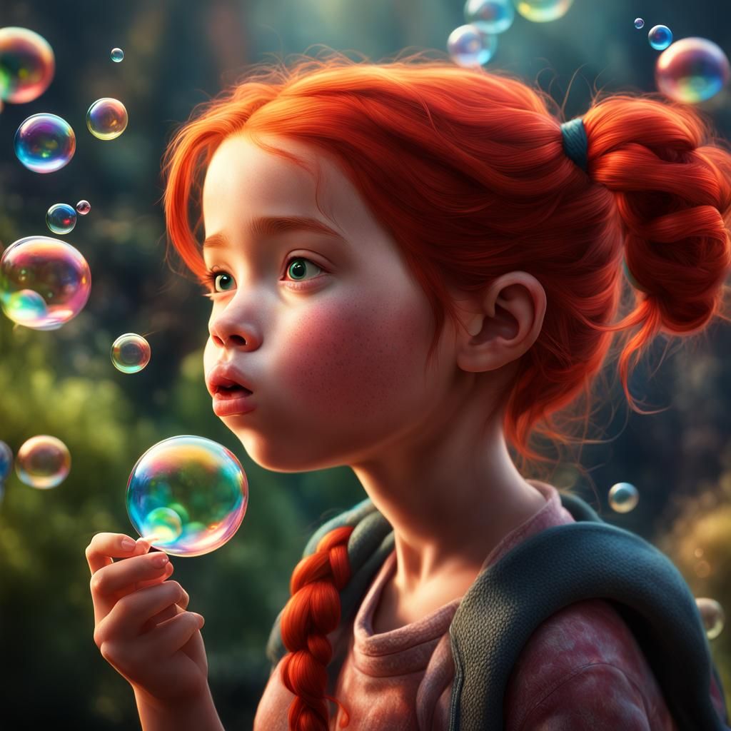 Red-Haired Girl Blowing Bubbles in Disney Pixar Style