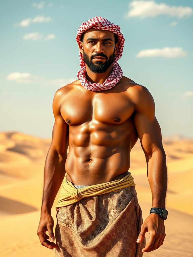 Muscular Desert Warrior in Traditional Attire