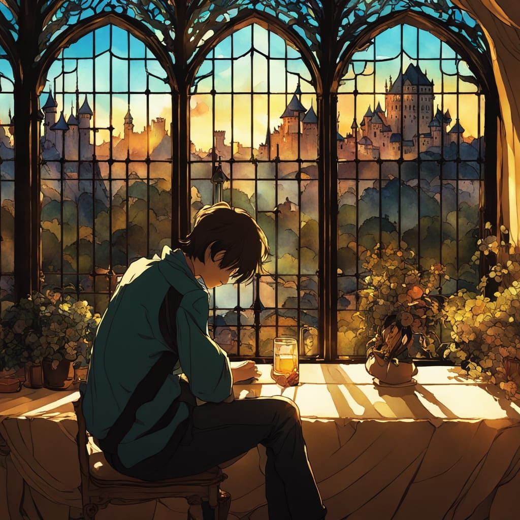 Boy by Window in Chiaroscuro Anime Style