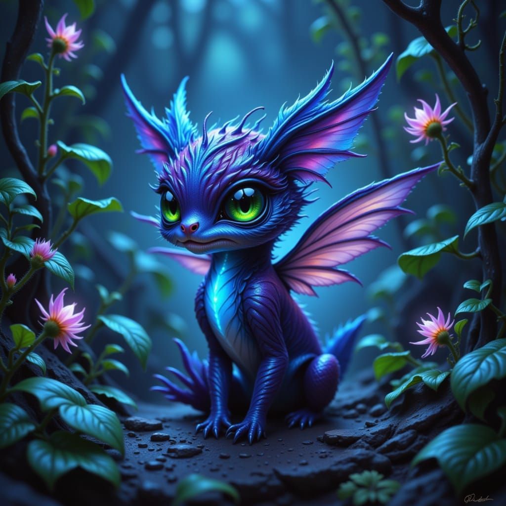 Fantastical Creature in Bioluminescent Forest Digital Painti...