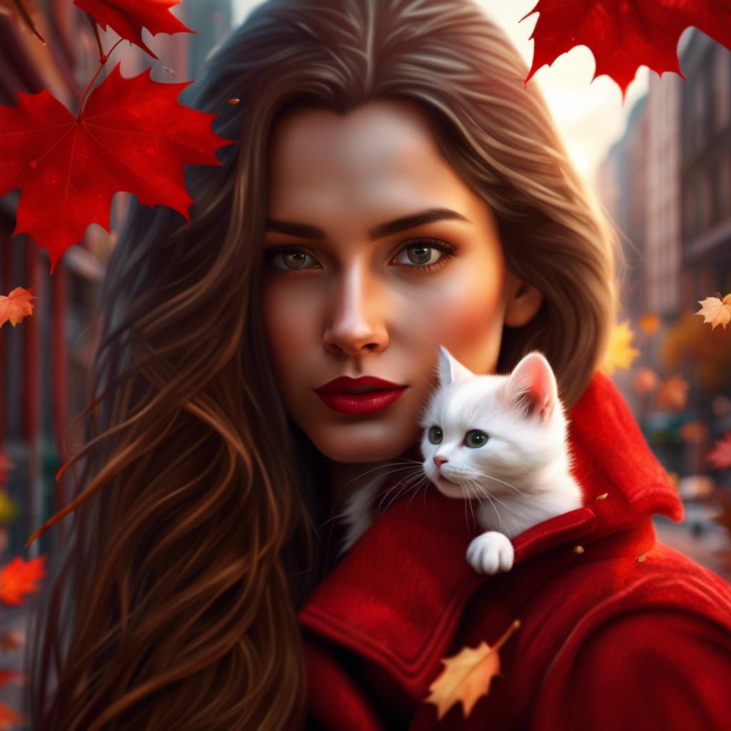 Woman with Kitten in Autumn Cityscape