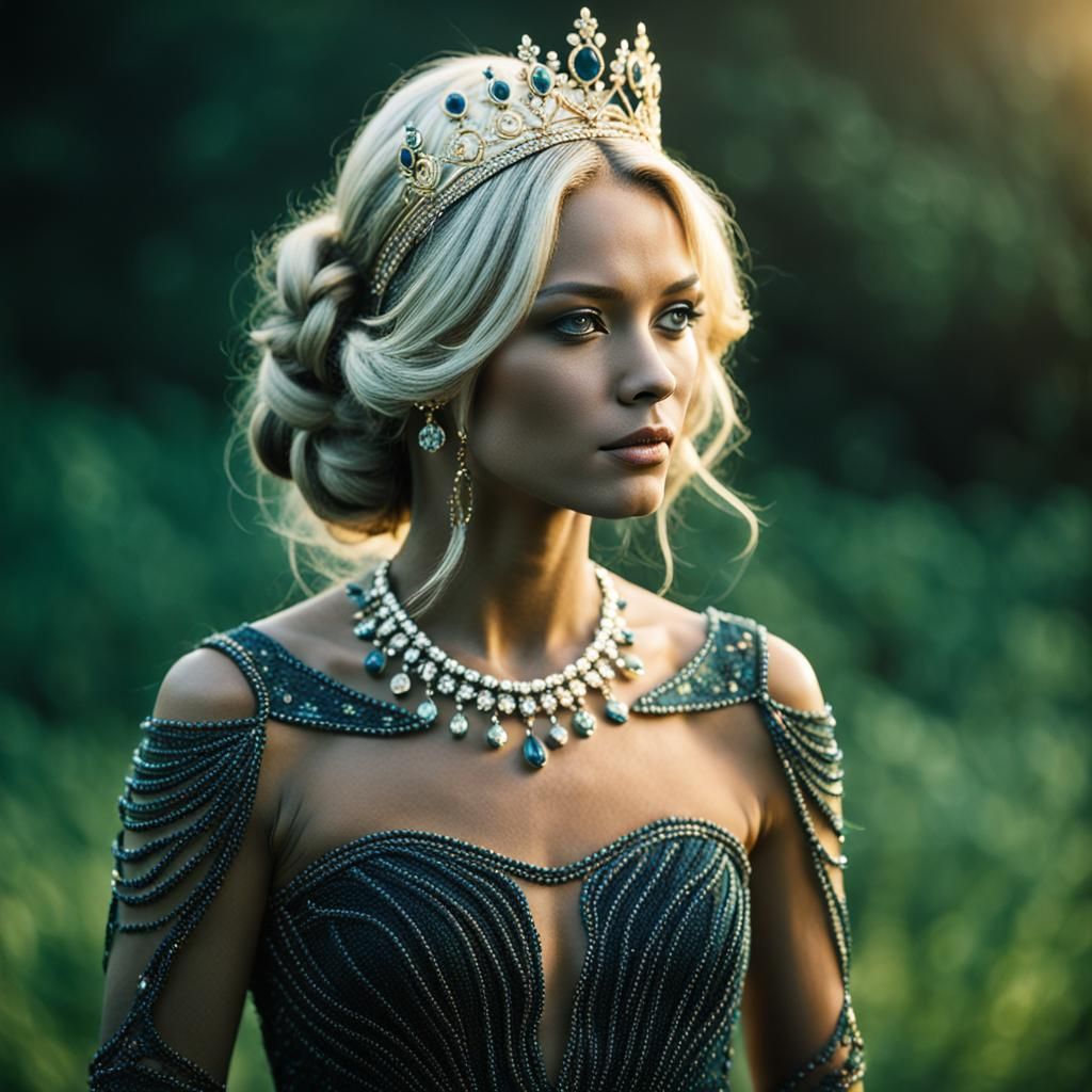 Radiant Woman with Diadem in Colorful Lights