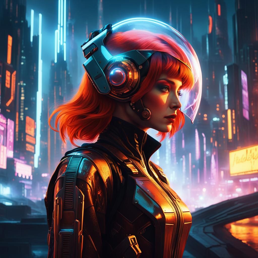 Cyberpunk Woman in Steampunk Cityscape
