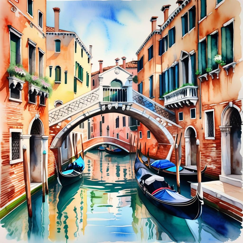 Venetian Watercolor Masterpiece: Serene Gondola Scene