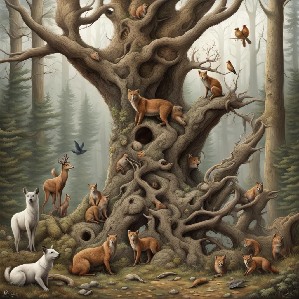 Animal Tree in Forest: Detailed Matte Painting