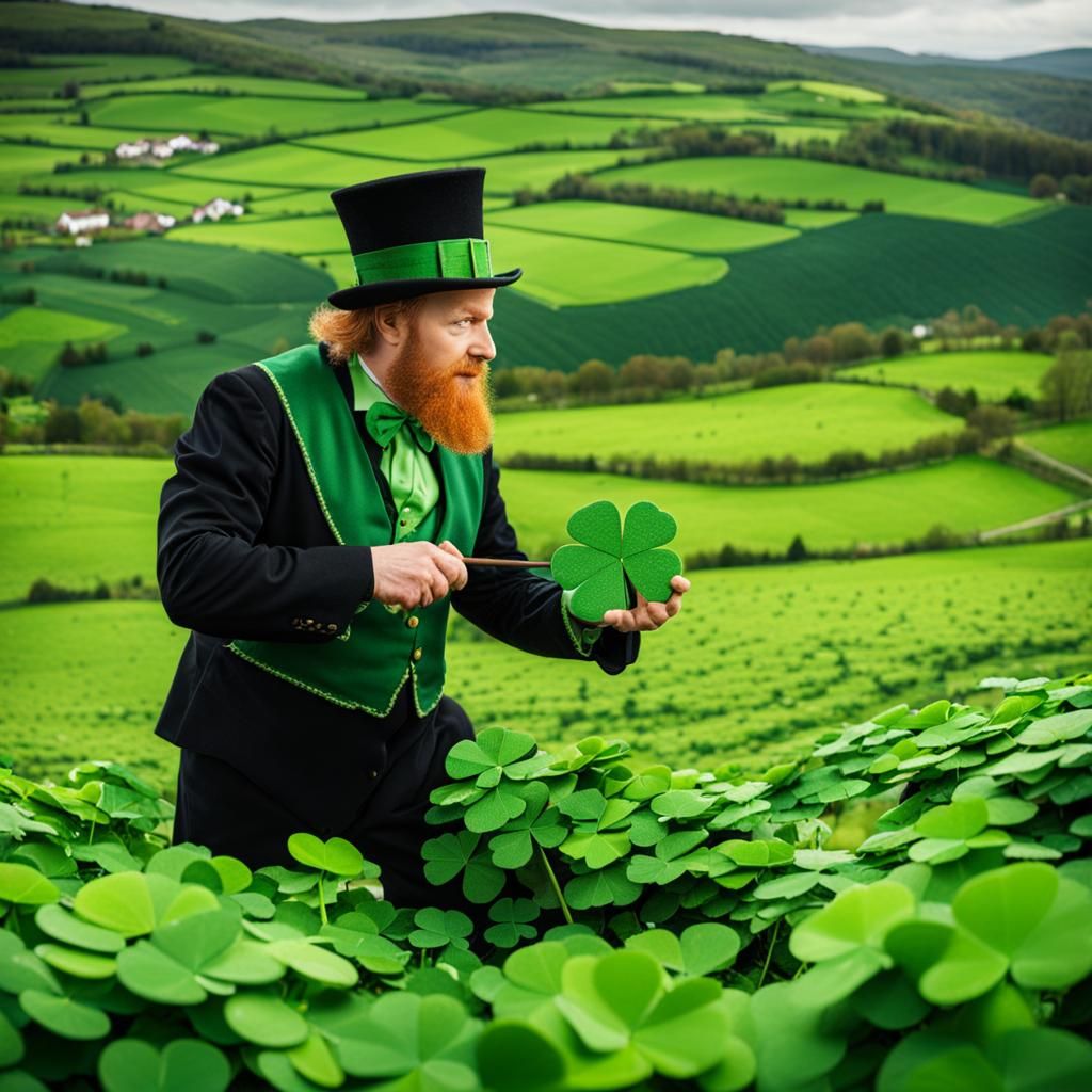 Leprechaun Selects Lucky Clover in Irish Countryside