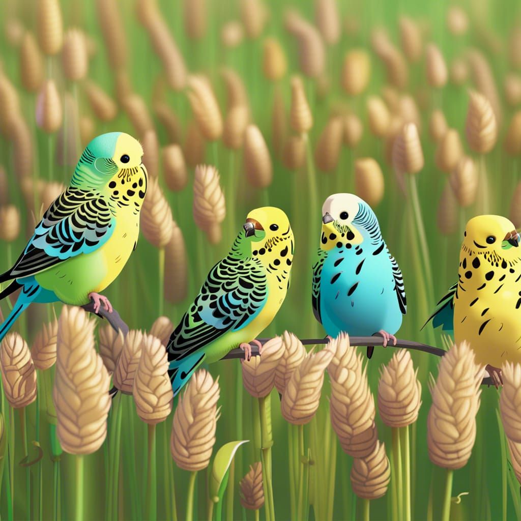 Australian Budgerigars Feeding in a Candy Art Wheat Field
