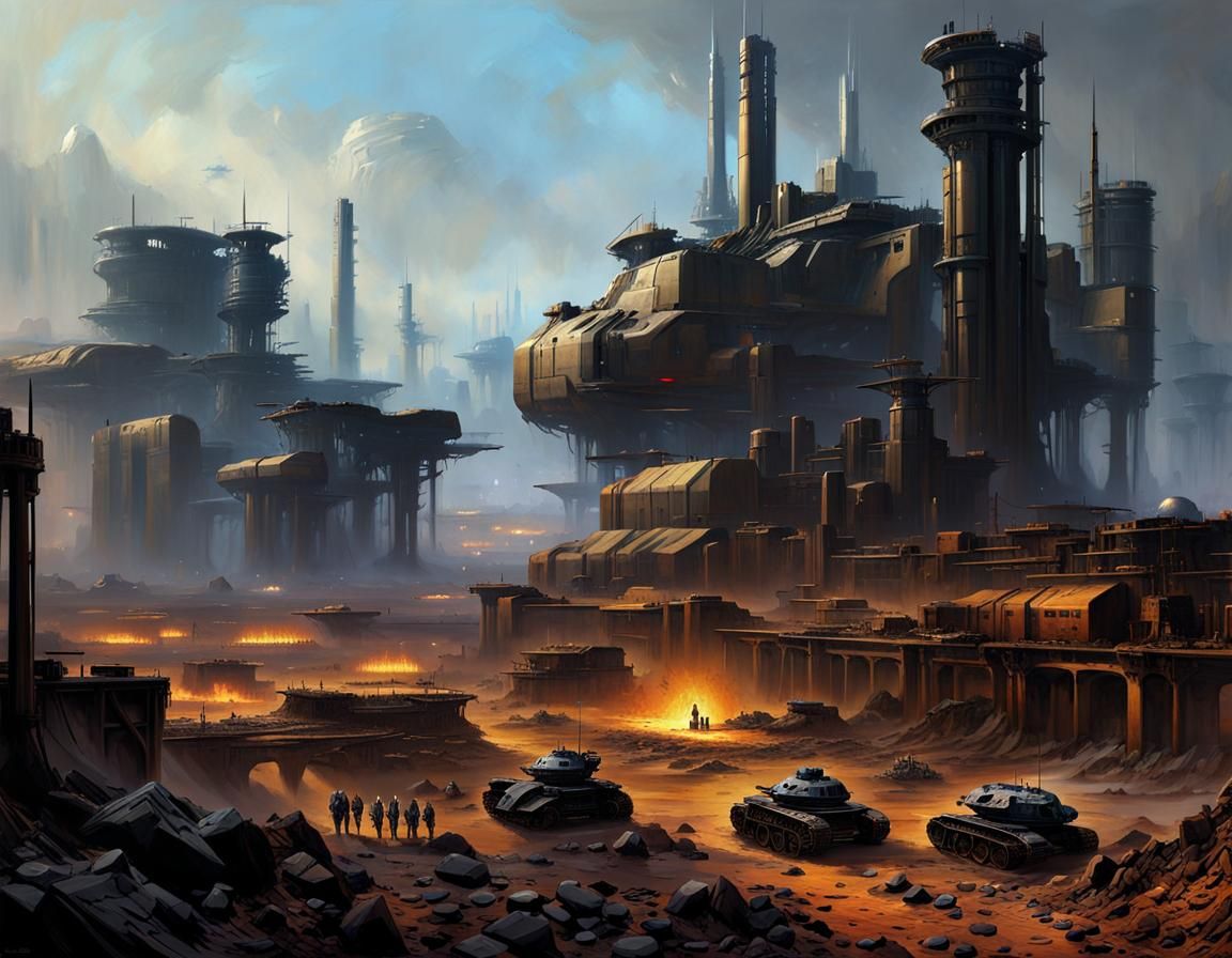 Sci-Fi War Factory in Oil Painting Style