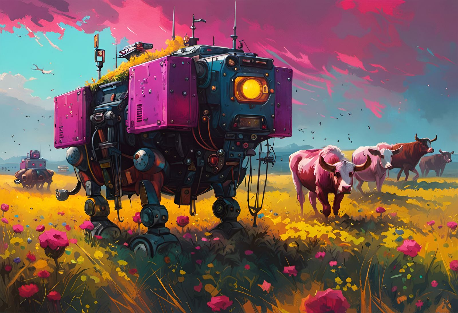 Robotic Cattle in Field: Retro-Futuristic Pop Art
