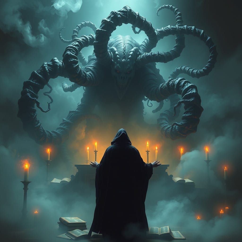 Dark Figure Conjures Twisted Entity Amidst Eerie Gothic Atmo...