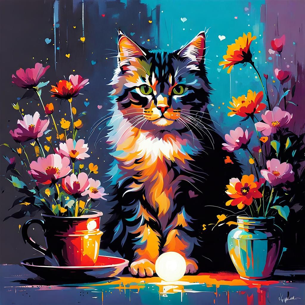 Cute Cat Surrounded by Flowers in Atmospheric Style