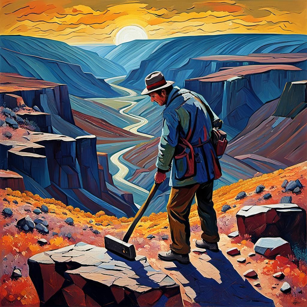 Fauvist Geologist at Sunset in a Barren Canyon Landscape