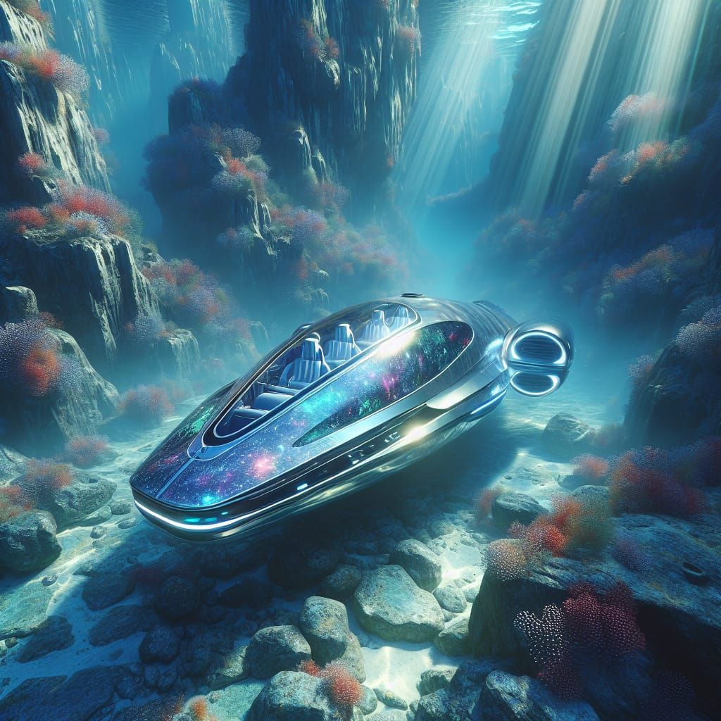 Futuristic Underwater Vehicle Exploring Deep Sea Canyon