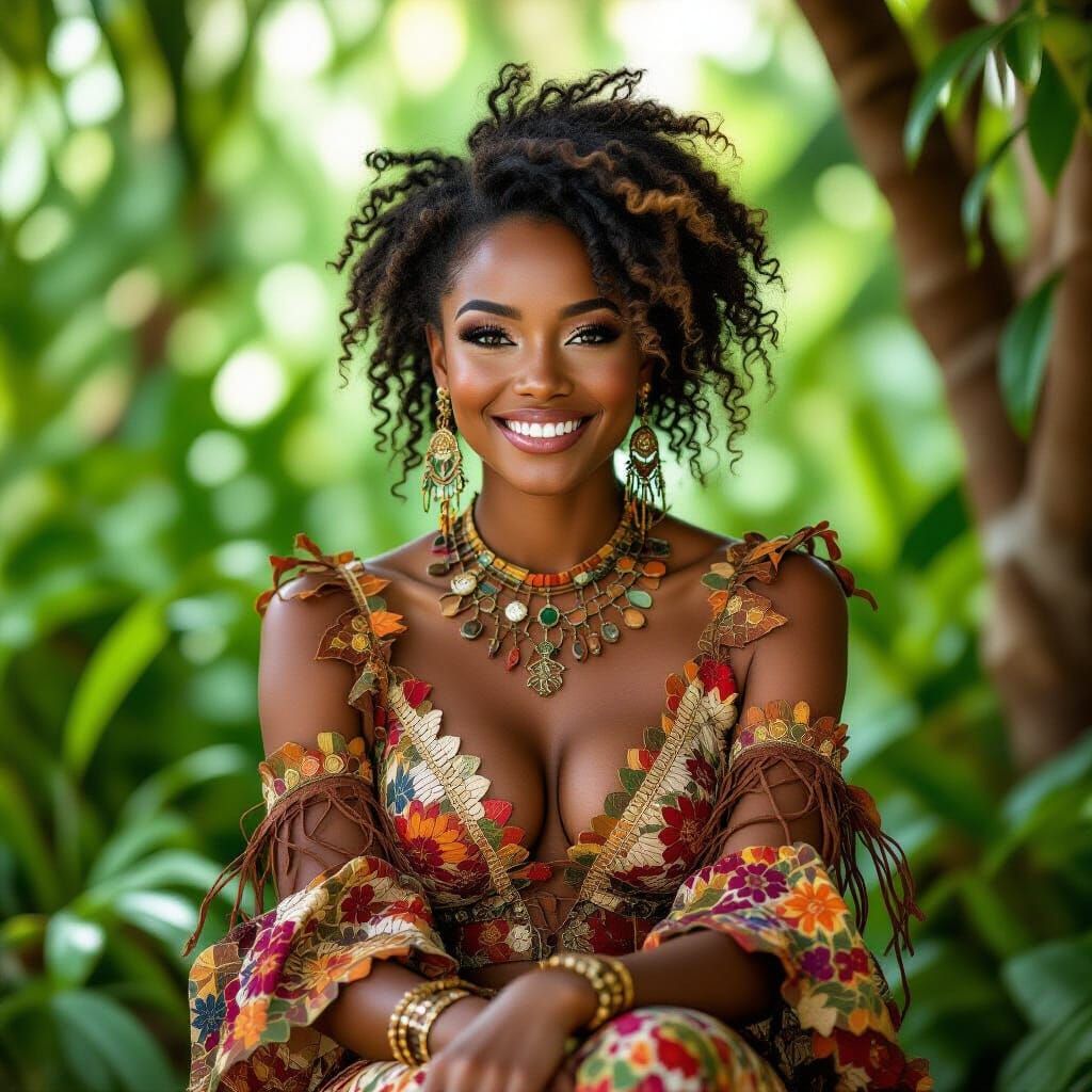 Intricate Liana Adornments: Portrait of a Smiling Woman