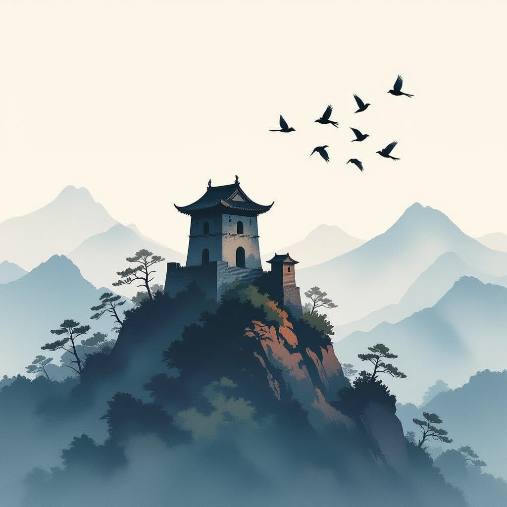 Tranquil Mountain Ruin with Parrots in Japanese Ink Style