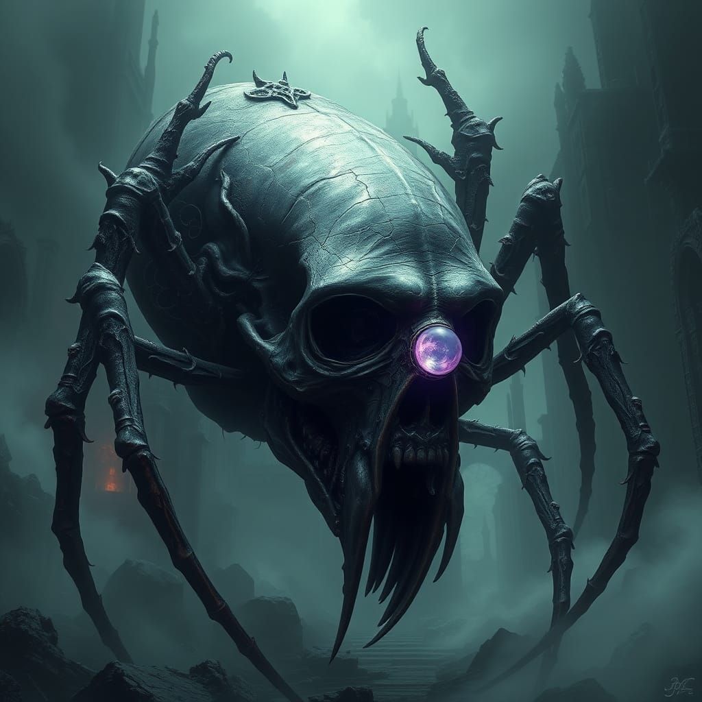 Mystical Skull Arachnid Creature in Eerie Ruins
