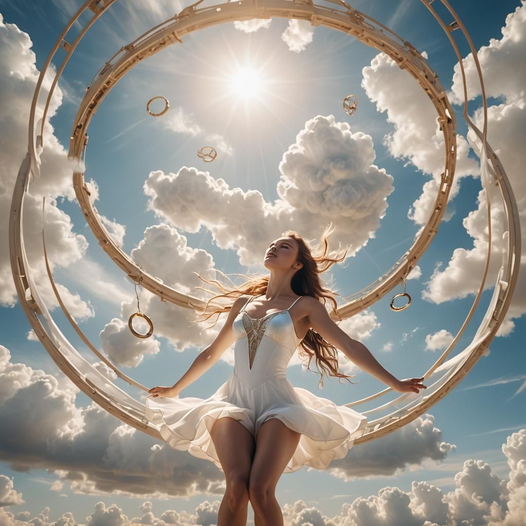 Surrealist Young Woman Flies on Rings in Heavenly Stadium