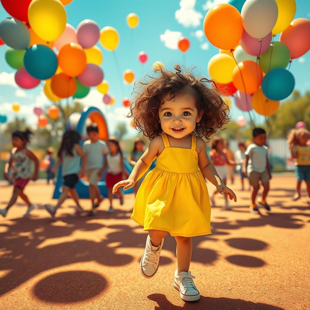 Girl Playing in Sun-Drenched Playground, Hyper-Illusionistic...