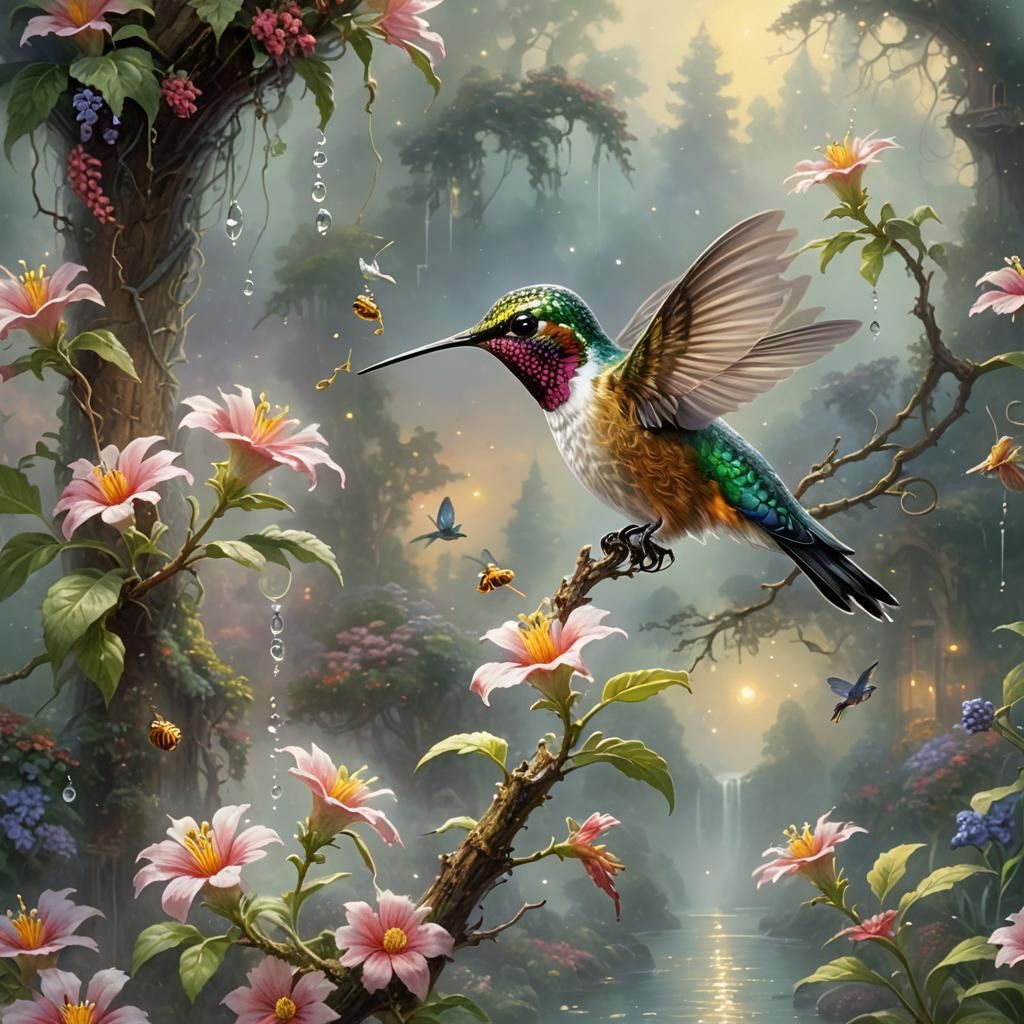 Hummingbird and Honeysuckle in Ethereal Fantasy Style