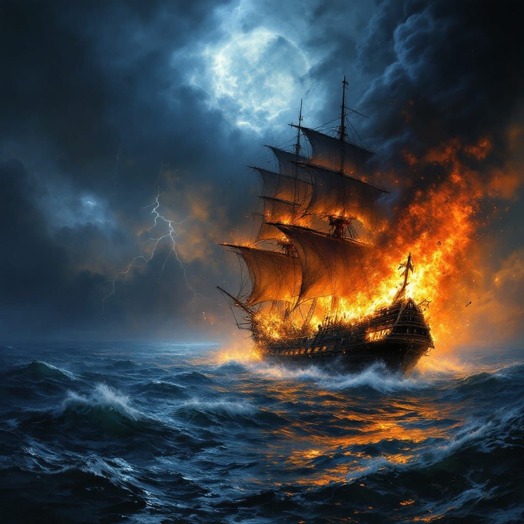 Burning Pirate Ship in Storm - Morbid Fantasy Style