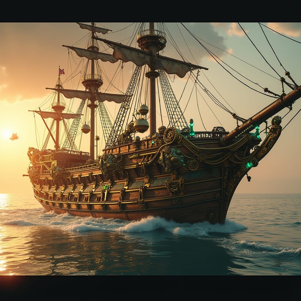 Steam-Powered São João Baptista Ship in Cyberpunk Sunset Sce...