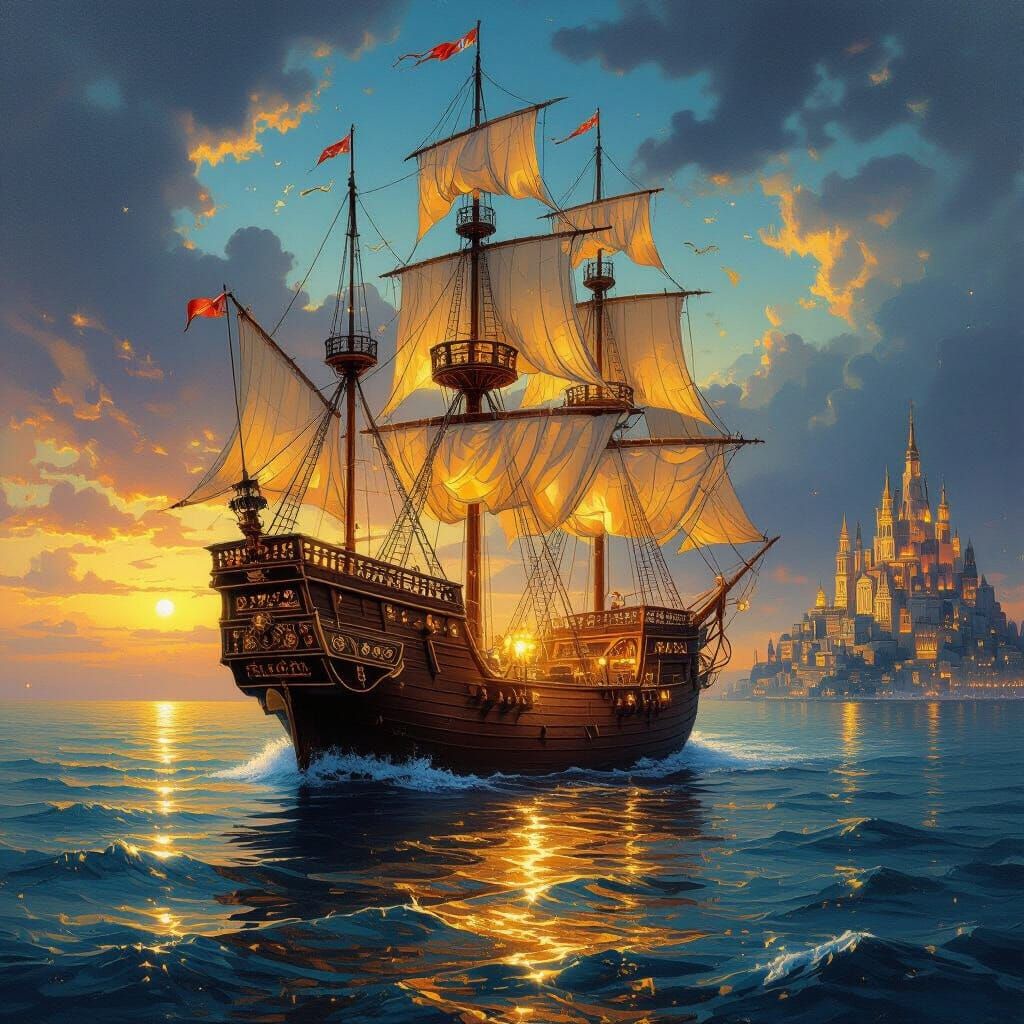 Majestic Galleon on Golden Sea with Floating Cities