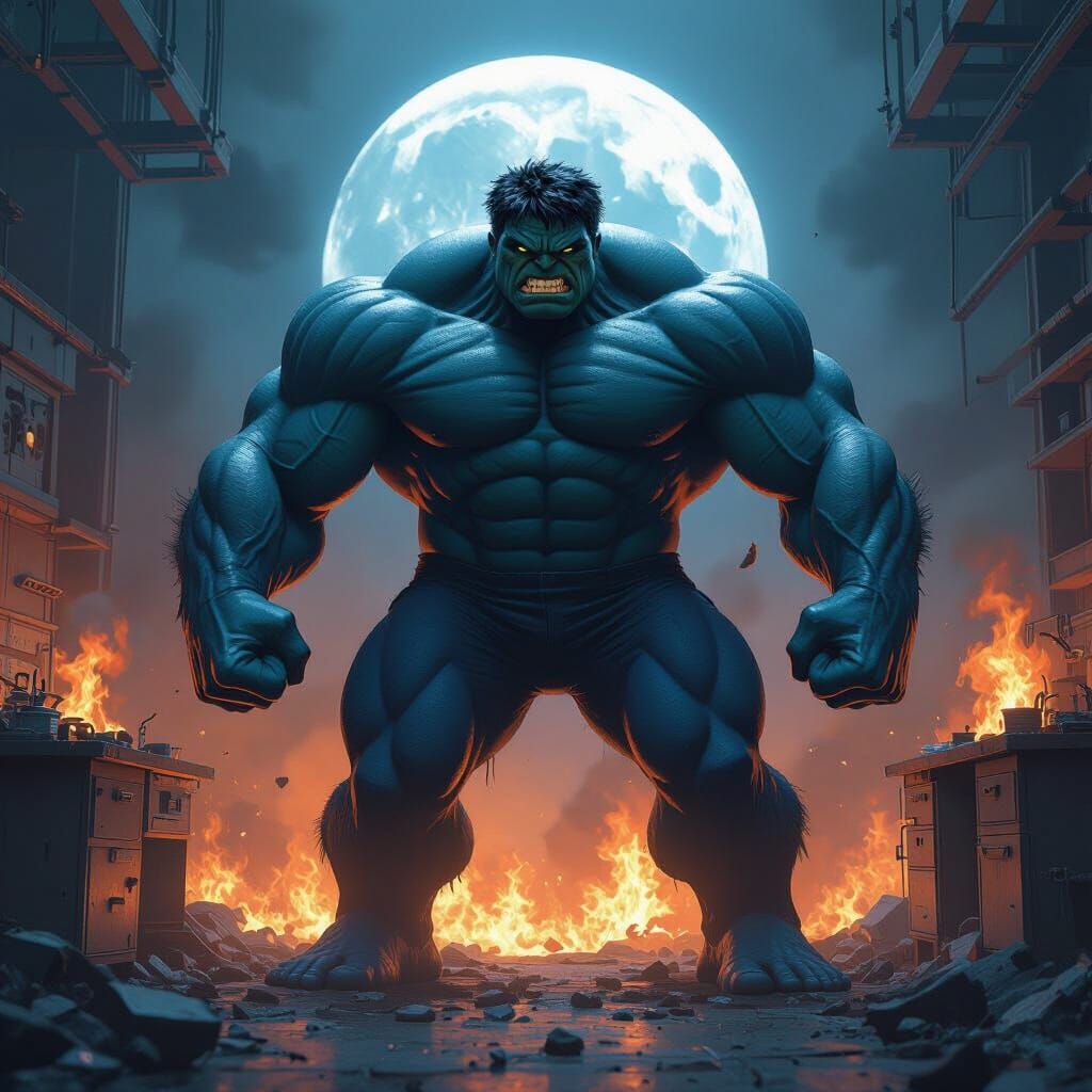 Dark Blue Hulk with Moon Forehead in Burning Lab