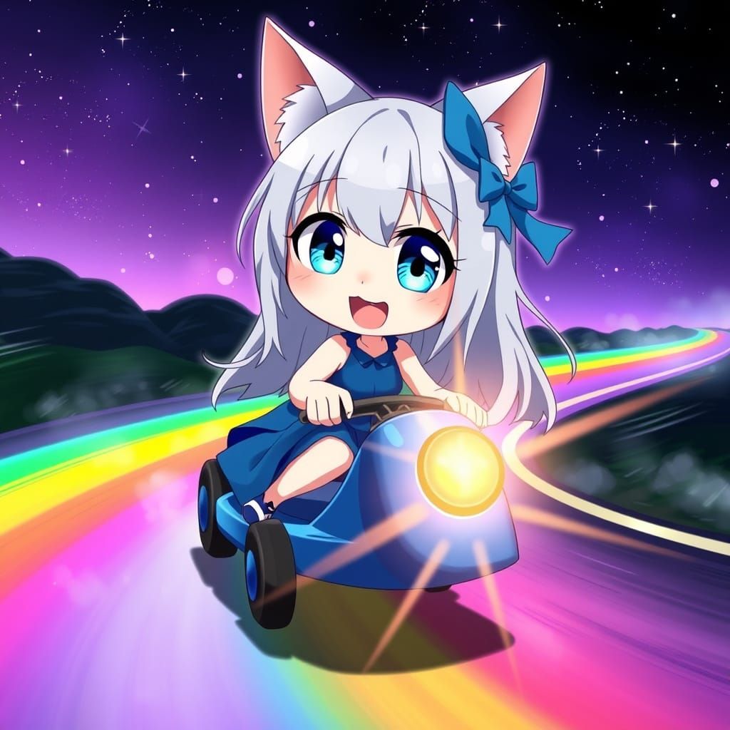 Surreal Anime Catgirl Zooms Down Prismatic Rainbow Road