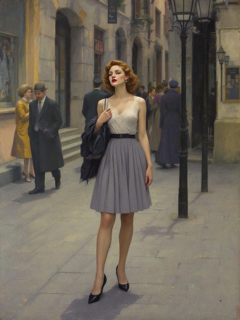 Vintage Pin-Up Woman in Pleated Skirt Amidst Ancient Stones