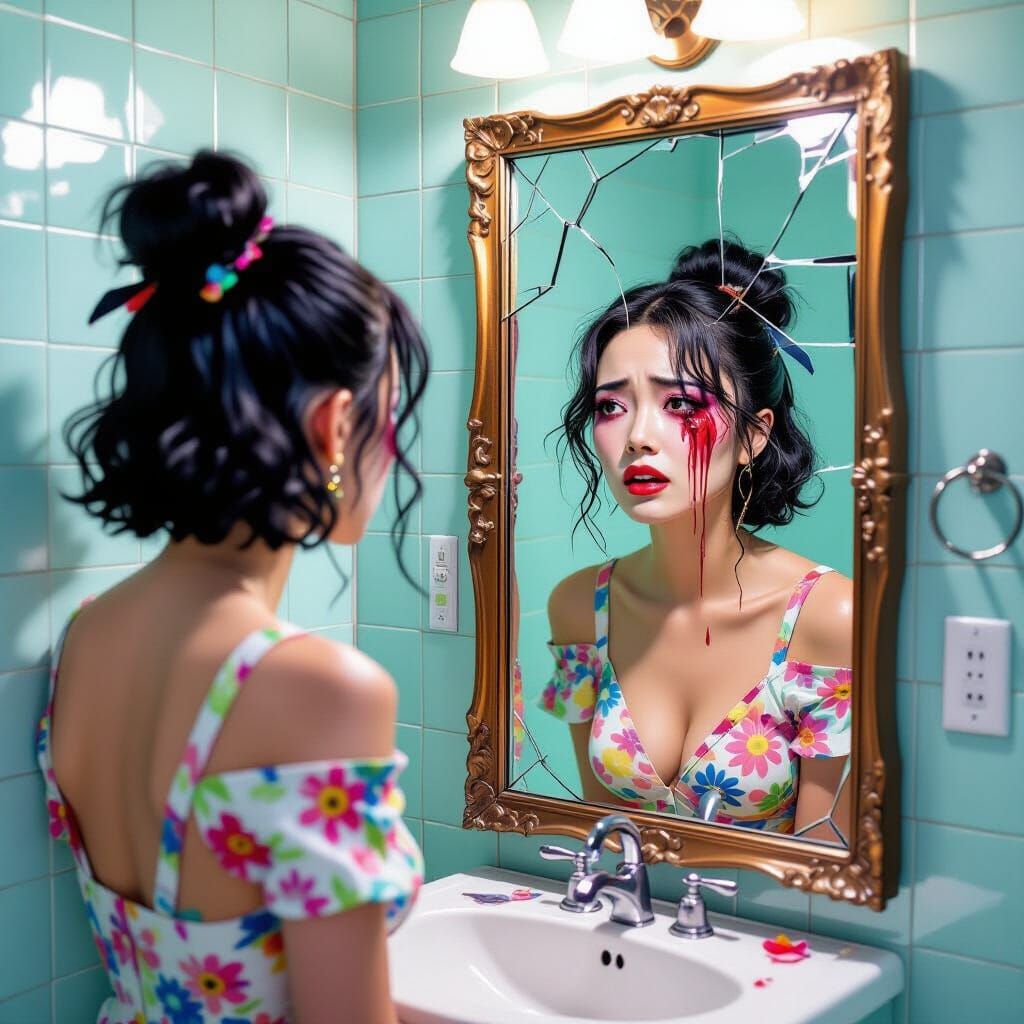 Distorted Mirror Reflection in Glitch Art Style